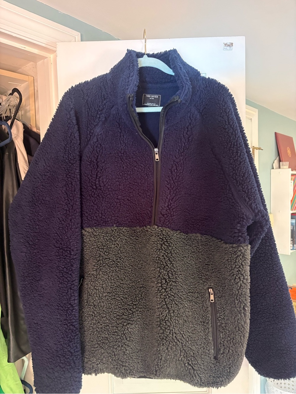 Todd Snyder Navy and Charcoal Teddy Fleece Half-Zip Jacket